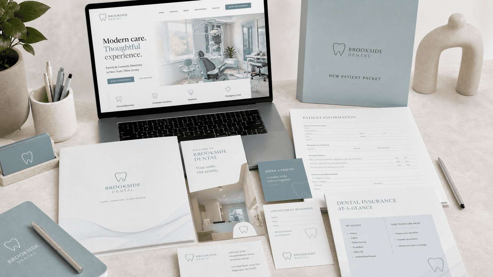 Dental branding, website, and print article preview
